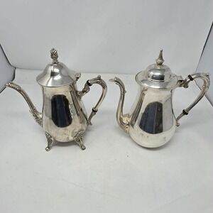 Vintage Silver Plated Coffee Tea Pot Set 2pc Floral Scroll Footed Made Hong Kong